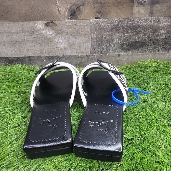 Christian Louboutin Black/White Logo Canvas and Leather Crossimule Flat Slides - Picture 5 of 11